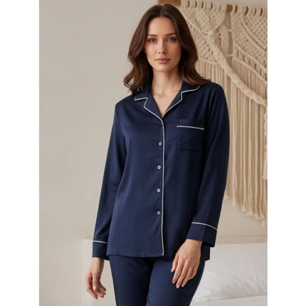 NWT Ettitude Sateen Ocean Blue Long Sleeve Button Down Pajama Shirt Top - Small